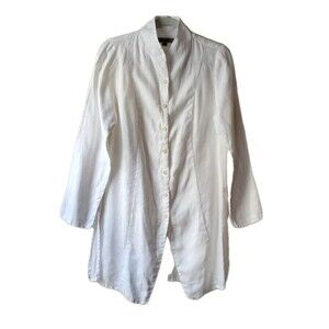 FLAX Minimalist Linen Button Front Tunic Blouse Split Sides Ivory Women's Sz P